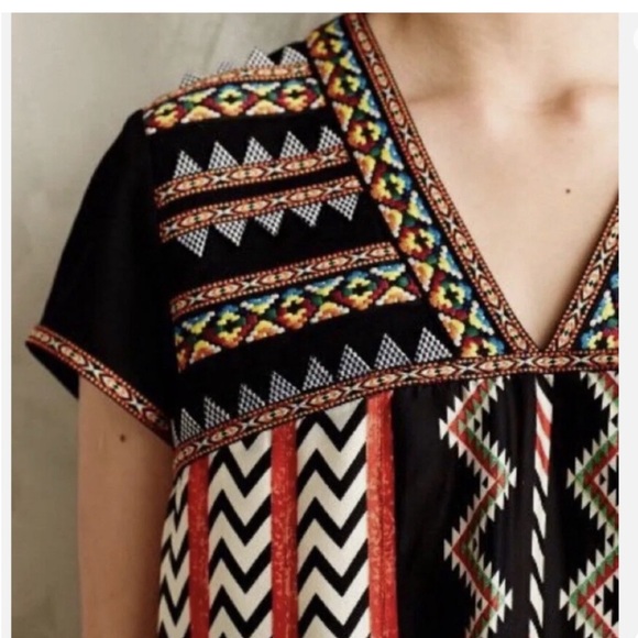 Anthropologie Ranna Gill Chevron Embroidered Cap Sleeve Blouse Aztec Size 0 - Picture 3 of 6